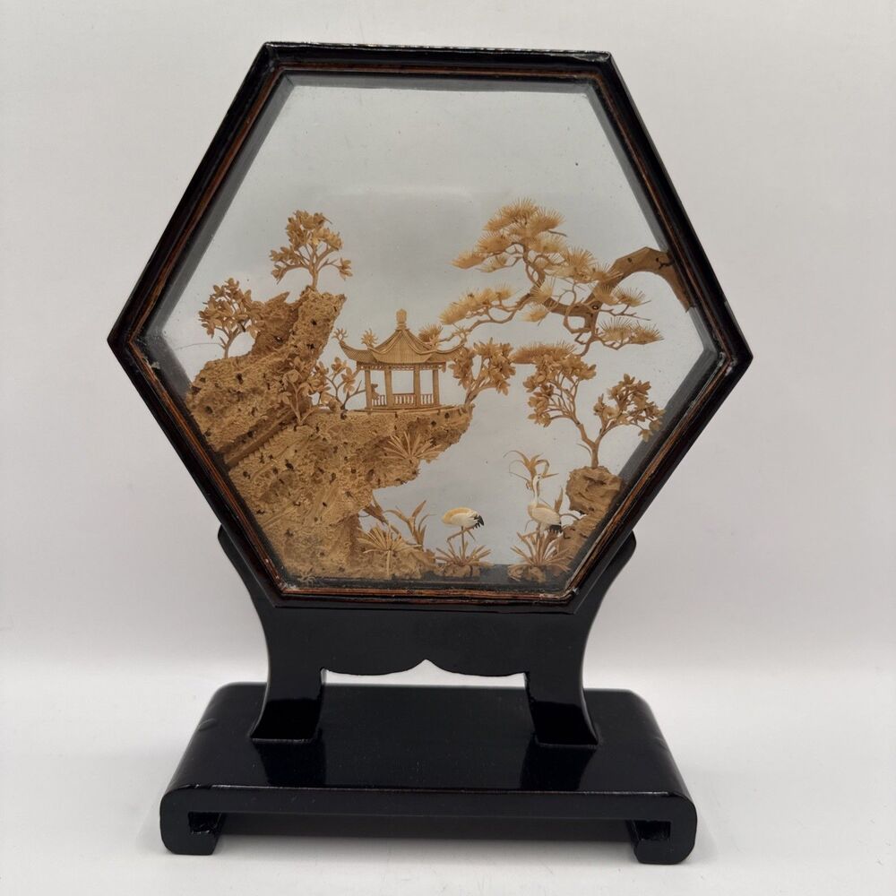 Vintage San You Cork 3D Art Carving Pagoda Cranes Diorama Black Lacquer Frame